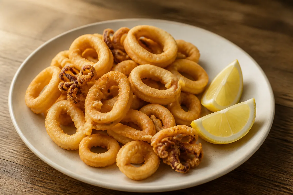 Anneaux et tentacules de calamars frits avec quartiers de citron