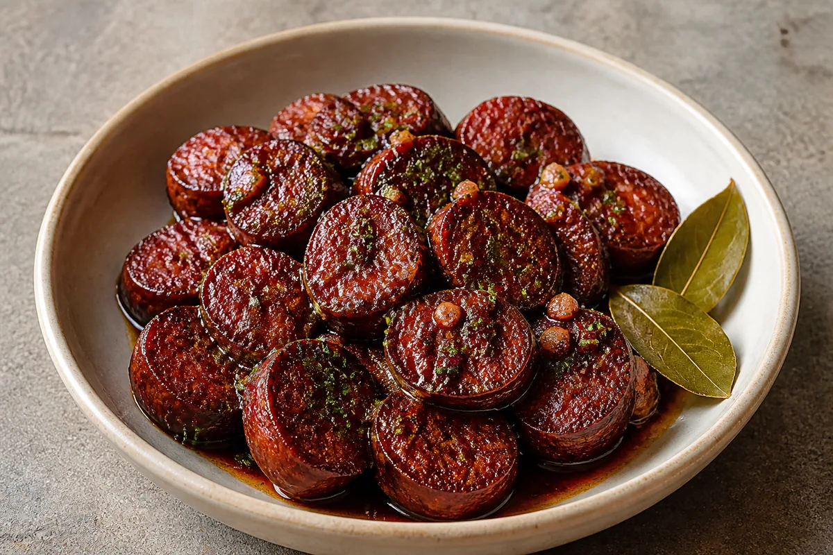 Rondelles de chorizo al vino dans leur réduction au vin rouge