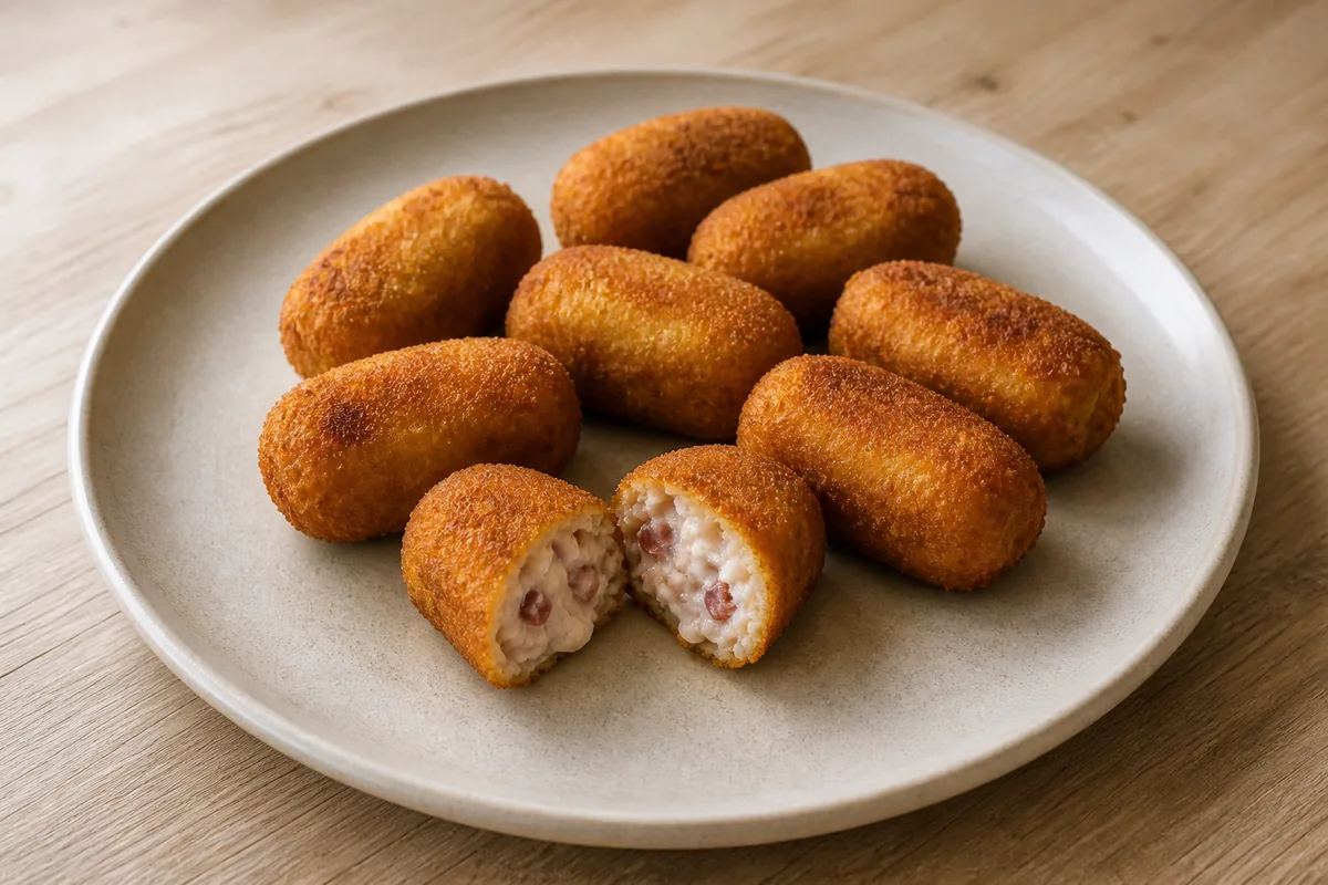 Croquetas de jamón dorées dont une ouverte sur sa béchamel au jambon
