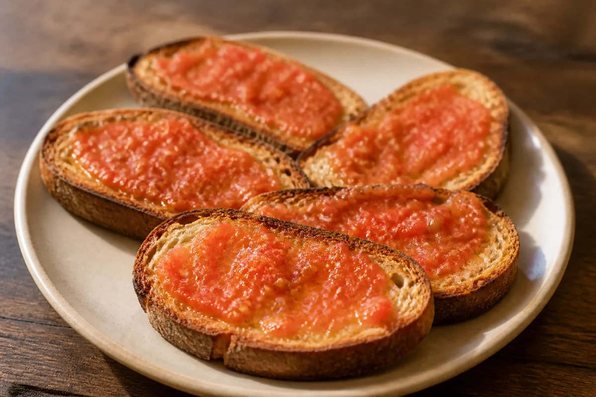 Cinq tranches de pain grillé recouvertes de pulpe de tomate