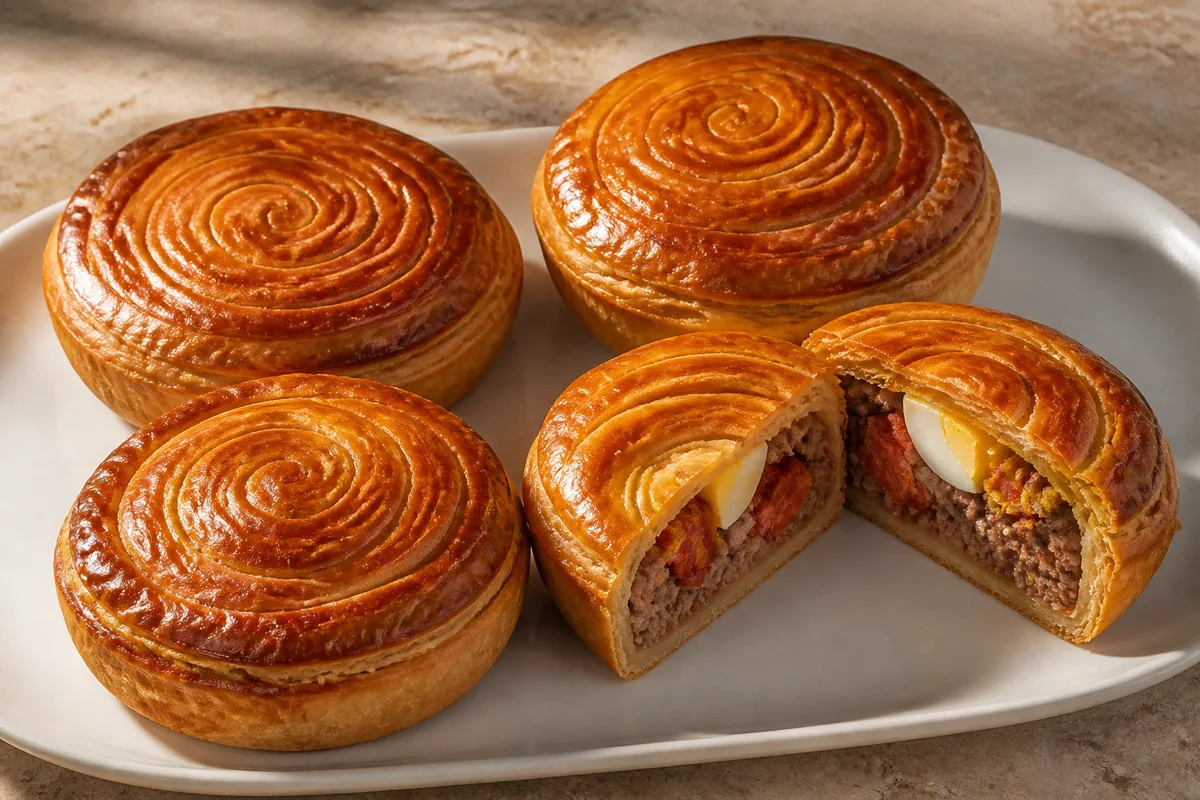 Pastels de carne murcianos au feuilletage spiralé, dont un ouvert sur le bœuf, le chorizo et l’œuf